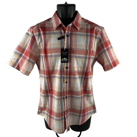 New Mens Pacific Outfitters Button Up Hiking Outdoor  SS Shirt Sz S NWT Plaid - Picture 1 of 6